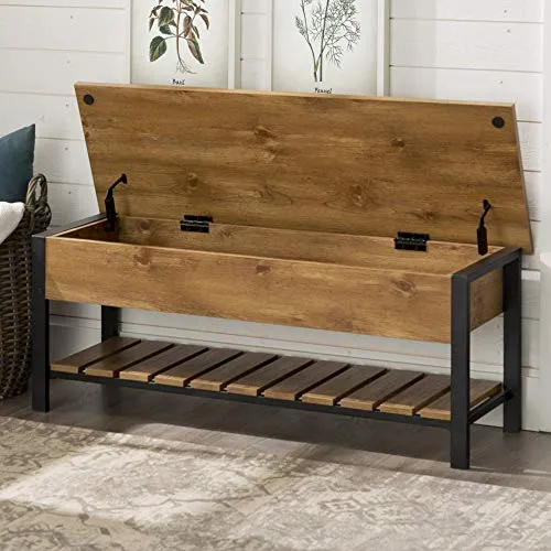 Walker Edison Julian Rustic Farmhouse Lift Top Entry Bench with Bottom Rack, 48 Inch - Barnwood Brown