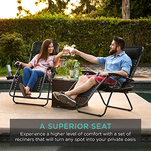 Best Choice Products Set of 2 Adjustable Steel Mesh Zero Gravity Lounge Chair Recliners w/Pillows and Cup Holder Trays, Black