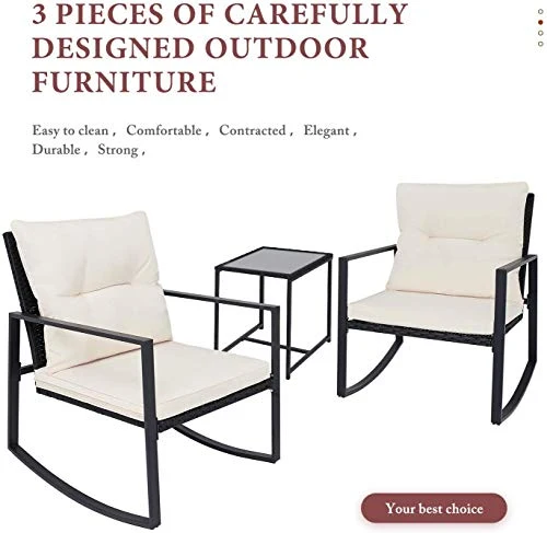 SUNCROWN 3 Piece Outdoor Rocking Bistro Set Black Wicker Furniture Porch Chairs Conversation Sets with Glass Coffee Table,Beige