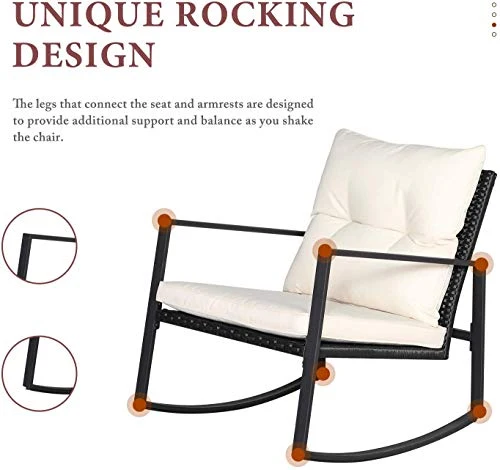 SUNCROWN 3 Piece Outdoor Rocking Bistro Set Black Wicker Furniture Porch Chairs Conversation Sets with Glass Coffee Table,Beige
