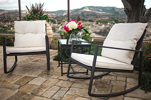 SUNCROWN 3 Piece Outdoor Rocking Bistro Set Black Wicker Furniture Porch Chairs Conversation Sets with Glass Coffee Table,Beige