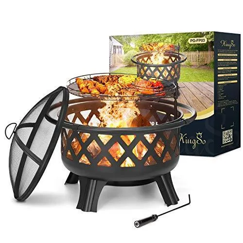 KINGSO 2-in-1 Outdoor Fire Pit with Cooking Grate 30" Heavy Duty Fire Pits Outdoor Wood Burning Steel BBQ Grill Firepit Bowl with Spark Screen Cover Log Grate Fire Poker for Backyard Bonfire Patio