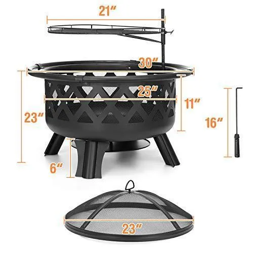 KINGSO 2-in-1 Outdoor Fire Pit with Cooking Grate 30" Heavy Duty Fire Pits Outdoor Wood Burning Steel BBQ Grill Firepit Bowl with Spark Screen Cover Log Grate Fire Poker for Backyard Bonfire Patio
