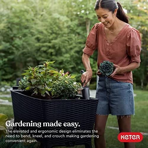 Keter Easy 31.7 Gallon Raised Garden Bed with Self Watering Planter Box and Drainage Plug-Perfect for Growing Fresh Vegetables, Flowers and Herbs, Graphite