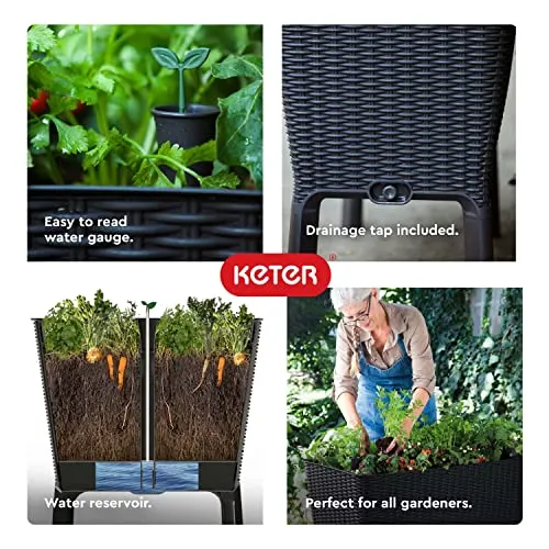 Keter Easy 31.7 Gallon Raised Garden Bed with Self Watering Planter Box and Drainage Plug-Perfect for Growing Fresh Vegetables, Flowers and Herbs, Graphite