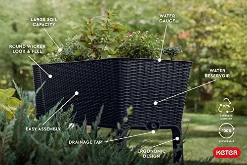 Keter Easy 31.7 Gallon Raised Garden Bed with Self Watering Planter Box and Drainage Plug-Perfect for Growing Fresh Vegetables, Flowers and Herbs, Graphite