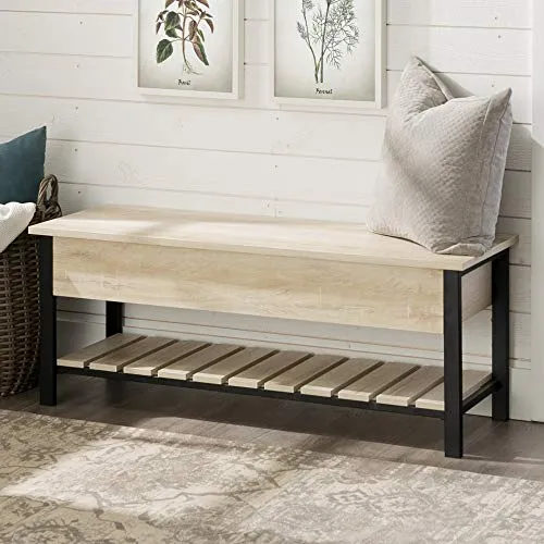 Walker Edison Julian Rustic Farmhouse Lift Top Entry Bench with Bottom Rack, 48 Inch - White Oak