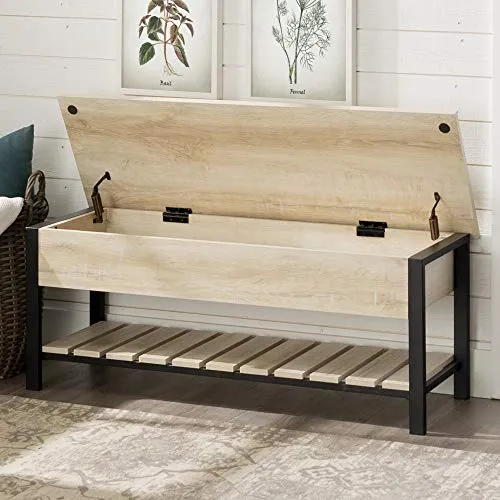 Walker Edison Julian Rustic Farmhouse Lift Top Entry Bench with Bottom Rack, 48 Inch - White Oak