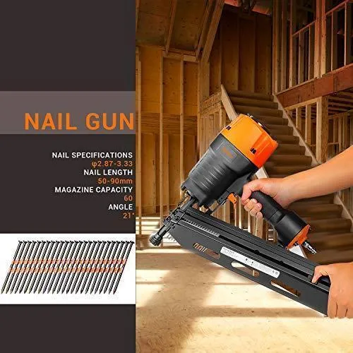 Framing Nailer Kit, 2" to 3-1/2" Full Round Head Nail Gun, 21°Heavy Duty Magazine with 60 Nails Capacity, Ergonomic Nailer with Interchangeable Trigger and Safety Goggles, Storage Case Included