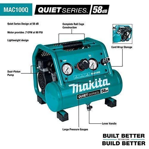 Makita MAC100Q Quiet Series, 1/2 HP, 1 Gallon Compact, Oil-Free, Electric Air Compressor