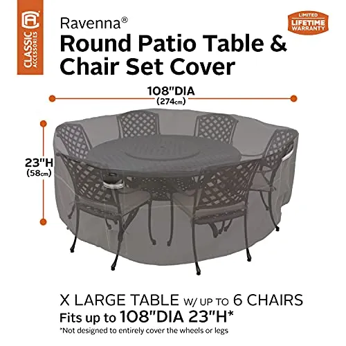 Classic Accessories Ravenna Water-Resistant 108 Inch Round Patio Table & Chair Set Cover, Outdoor Table Cover
