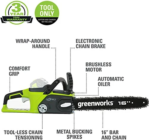 Greenworks 40V 16-Inch Cordless Chainsaw, Tool Only