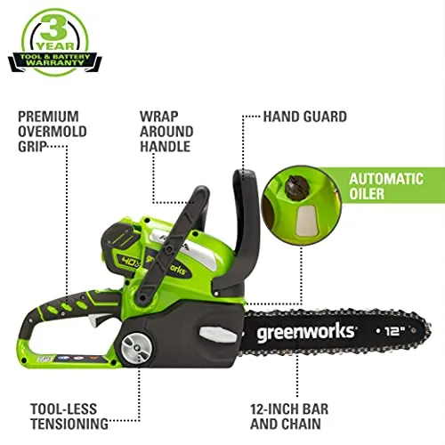 Greenworks 40V 12-Inch Cordless Chainsaw, 2.0Ah Battery and Charger Included