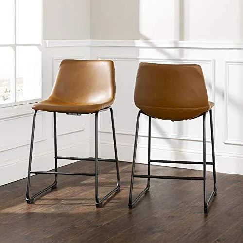 Walker Edison Douglas Urban Industrial Faux Leather Armless Counter Chairs, Set of 2, Whiskey Brown