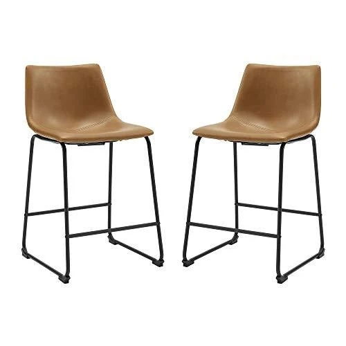 Walker Edison Douglas Urban Industrial Faux Leather Armless Counter Chairs, Set of 2, Whiskey Brown