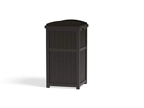 Suncast 33 Gallon Can Resin Outdoor Trash Hideaway with Lid Use in Backyard, Deck, or Patio, Brown