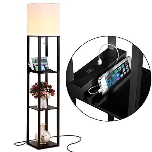 Brightech Maxwell Charger - Shelf Floor Lamp with USB Charging Ports and Electric Outlet - Tall, Narrow Tower Nightstand for Bedroom - Modern, Asian End Table with Light Attached - Black