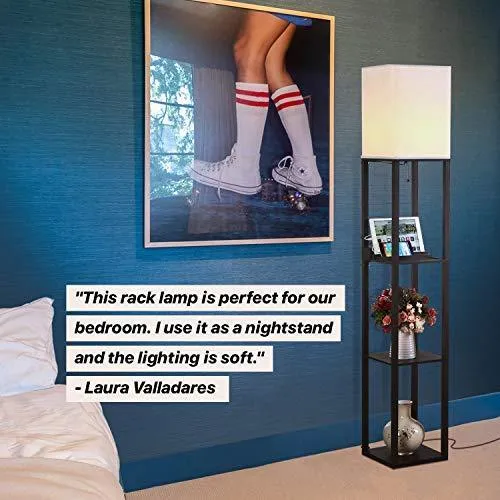 Brightech Maxwell Charger - Shelf Floor Lamp with USB Charging Ports and Electric Outlet - Tall, Narrow Tower Nightstand for Bedroom - Modern, Asian End Table with Light Attached - Black