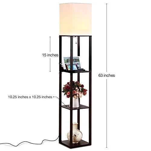 Brightech Maxwell Charger - Shelf Floor Lamp with USB Charging Ports and Electric Outlet - Tall, Narrow Tower Nightstand for Bedroom - Modern, Asian End Table with Light Attached - Black