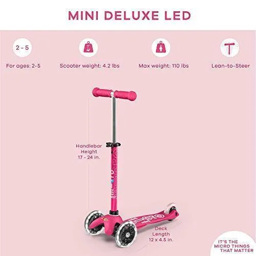 Micro Kickboard - Mini Deluxe LED - Three Wheeled, Lean-to-Steer Swiss-Designed Micro Scooter for Toddlers & Children with Motion-Activated Light-Up Wheels for Ages 2-5 (Pink)