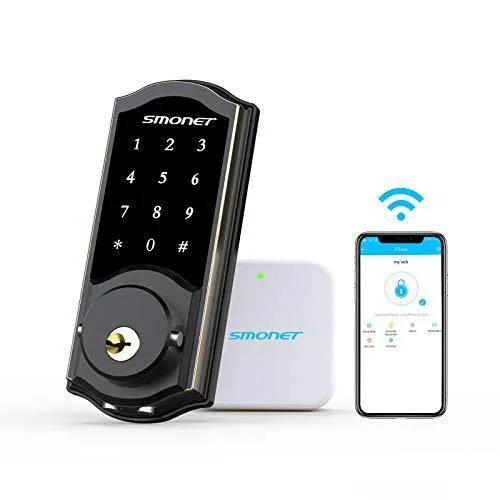 Smart Deadbolt,SMONET Smart WiFi Deadbolt, Digital Electronic Keyless Entry Door Lock Bluetooth Touchscreen Auto Lock with Gateway Hub, Work with Alexa,APP,Code,Key for Home Apartment Front Door,Black
