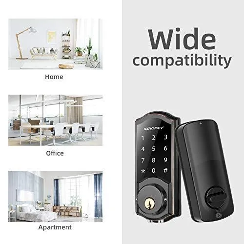Smart Deadbolt,SMONET Smart WiFi Deadbolt, Digital Electronic Keyless Entry Door Lock Bluetooth Touchscreen Auto Lock with Gateway Hub, Work with Alexa,APP,Code,Key for Home Apartment Front Door,Black