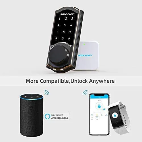 Smart Deadbolt,SMONET Smart WiFi Deadbolt, Digital Electronic Keyless Entry Door Lock Bluetooth Touchscreen Auto Lock with Gateway Hub, Work with Alexa,APP,Code,Key for Home Apartment Front Door,Black