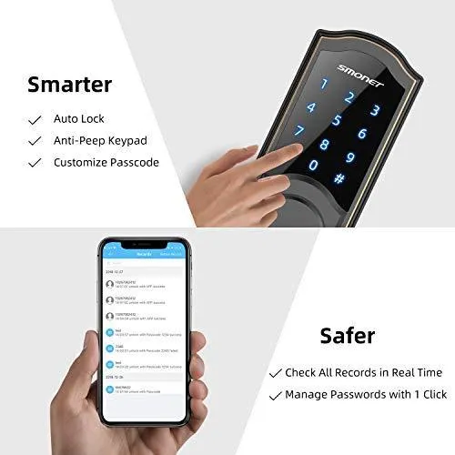 Smart Deadbolt,SMONET Smart WiFi Deadbolt, Digital Electronic Keyless Entry Door Lock Bluetooth Touchscreen Auto Lock with Gateway Hub, Work with Alexa,APP,Code,Key for Home Apartment Front Door,Black