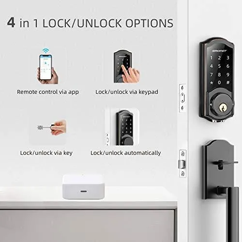 Smart Deadbolt,SMONET Smart WiFi Deadbolt, Digital Electronic Keyless Entry Door Lock Bluetooth Touchscreen Auto Lock with Gateway Hub, Work with Alexa,APP,Code,Key for Home Apartment Front Door,Black