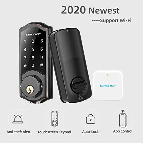 Smart Deadbolt,SMONET Smart WiFi Deadbolt, Digital Electronic Keyless Entry Door Lock Bluetooth Touchscreen Auto Lock with Gateway Hub, Work with Alexa,APP,Code,Key for Home Apartment Front Door,Black