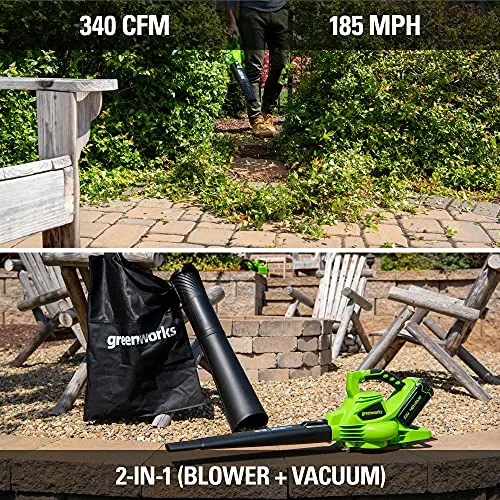 Greenworks 40V (185 MPH/340 CFM) Brushless Cordless Leaf Blower / Vacuum, Tool Only 24312
