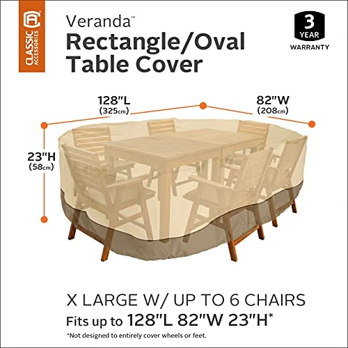 Classic Accessories Veranda Water-Resistant 128 Inch Rectangular/Oval Patio Table & Chair Set Cover, Outdoor Table Cover